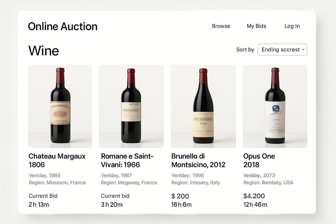 Interface moderne et lumineuse d’une plateforme numérique d’enchères en ligne pour profiter des fins de stock de vins.