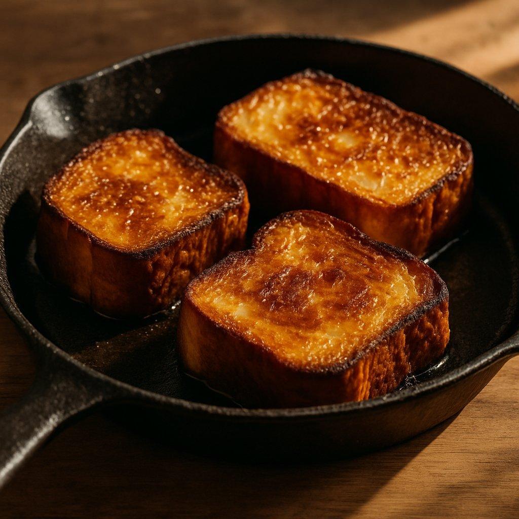 Poêle en fonte avec tranches épaisses de brioche dorées et caramélisées, cuisson lente sous lumière naturelle chaleureuse.