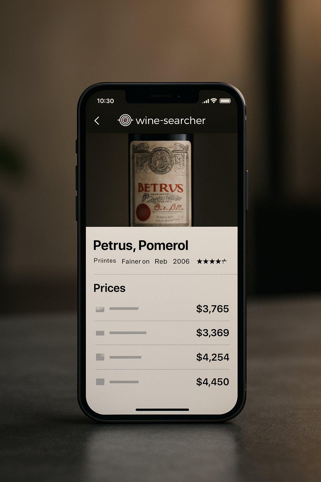 Smartphone affichant l’application Wine-Searcher avec un classement clair des prix pour un vin rare.
