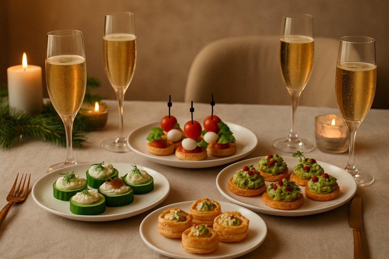 Table de fête élégante avec canapés végétariens raffinés et flûtes de champagne dans un cadre cosy chaleureux.