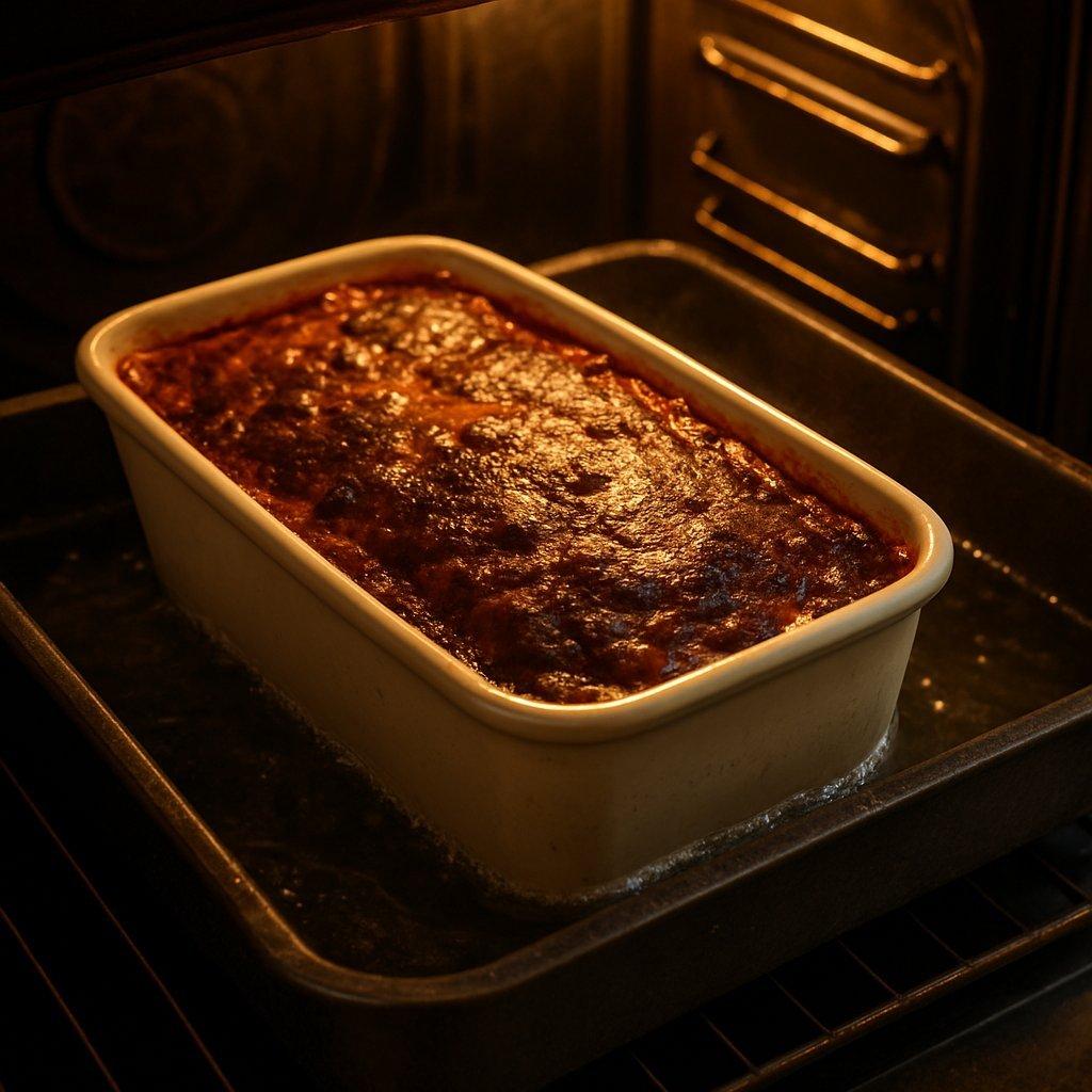 Terrine de canard au vin rouge en cuisson au bain-marie dans un four ouvert, lumière chaude et détails gourmands réalistes.