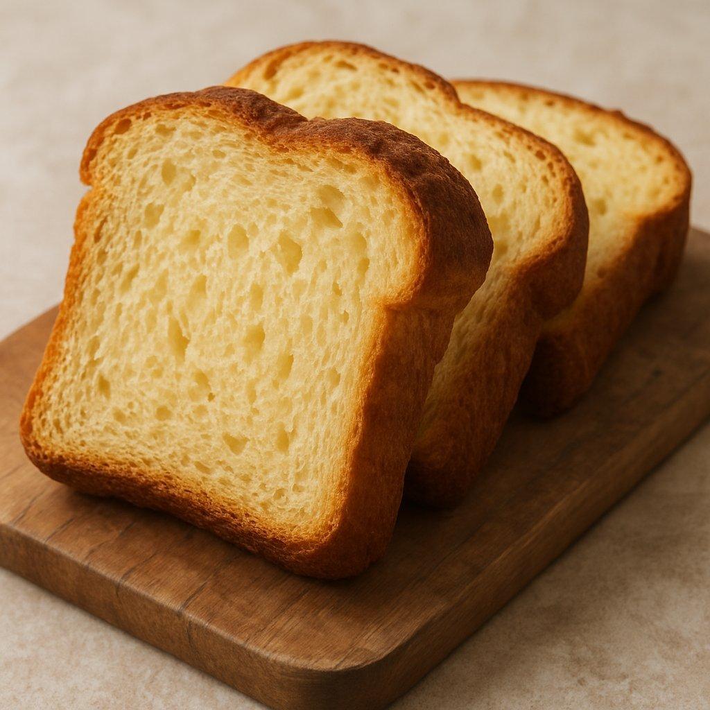 Tranches épaisses de brioche légèrement rassie posées sur planche en bois, prêtes pour la cuisson.