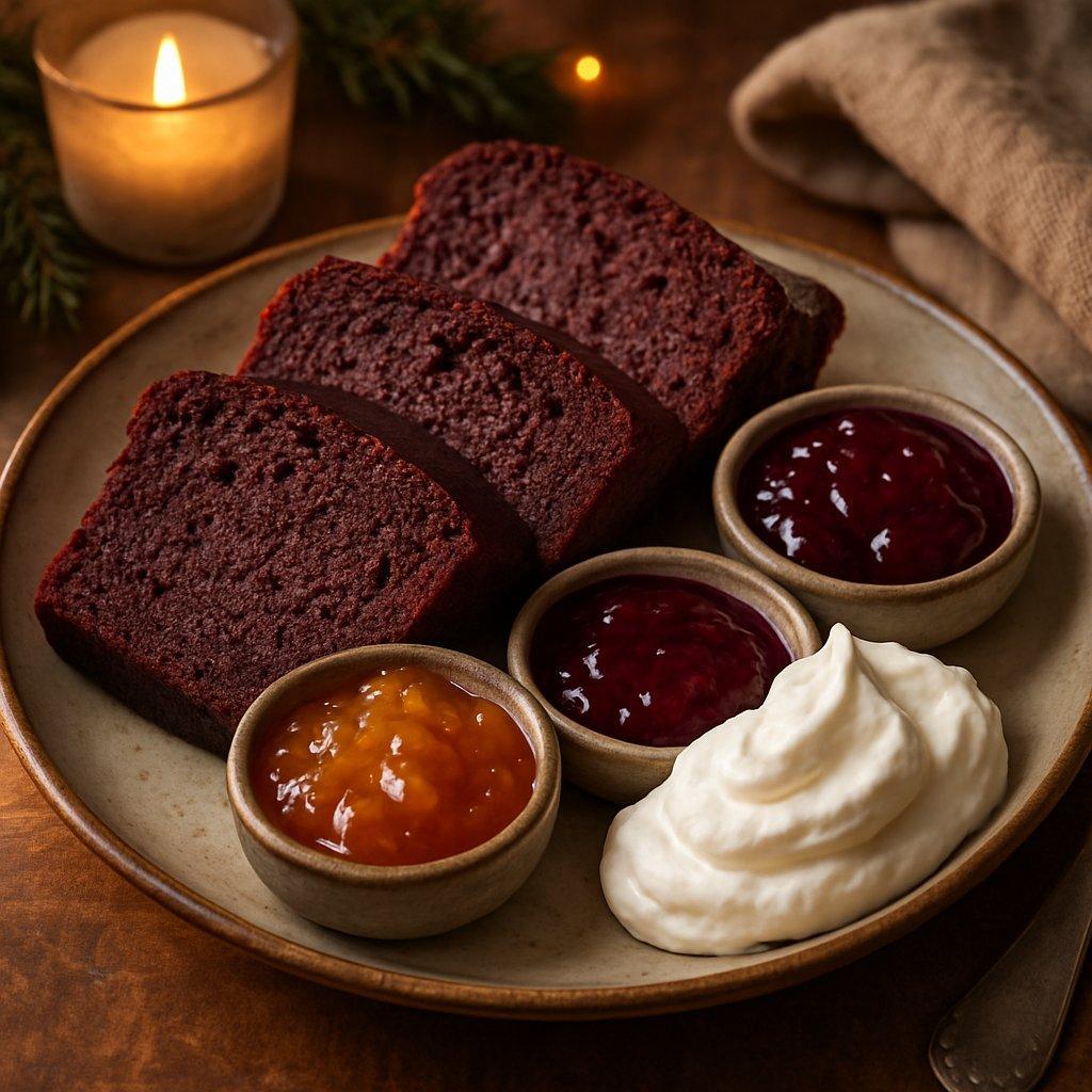 Tranches moelleuses de pain d’épices au vin rouge, parfaites avec confitures et crème fouettée, ambiance chaleureuse hiver.