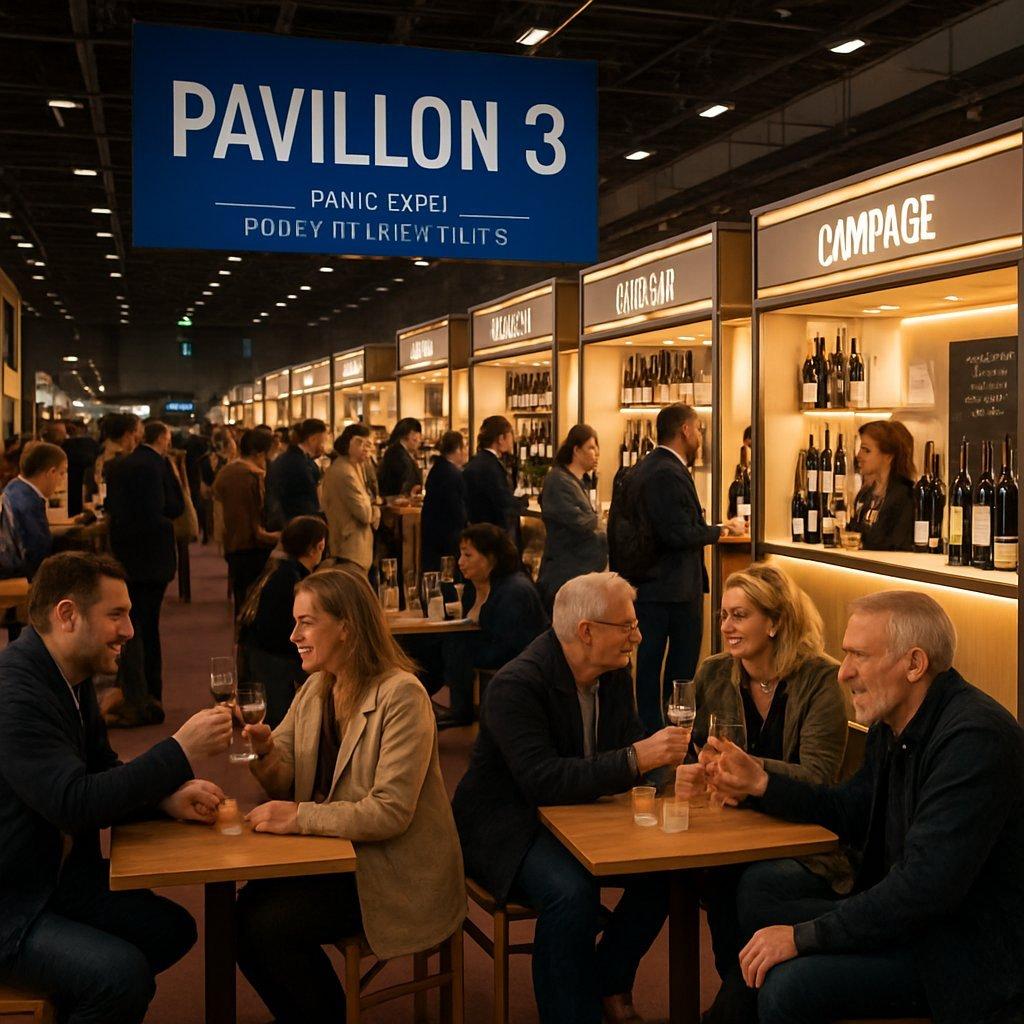 Vue large du Pavillon 3 à Paris Expo Porte de Versailles, visiteurs dégustant vins dans une ambiance chaleureuse.