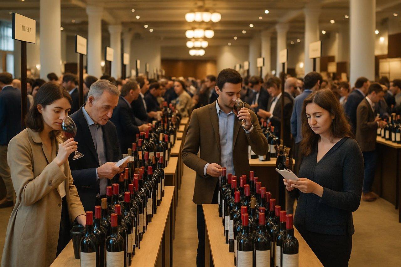 Vue large d’une foire aux vins animée en intérieur, stands élégants et ambiance œnologique raffinée.