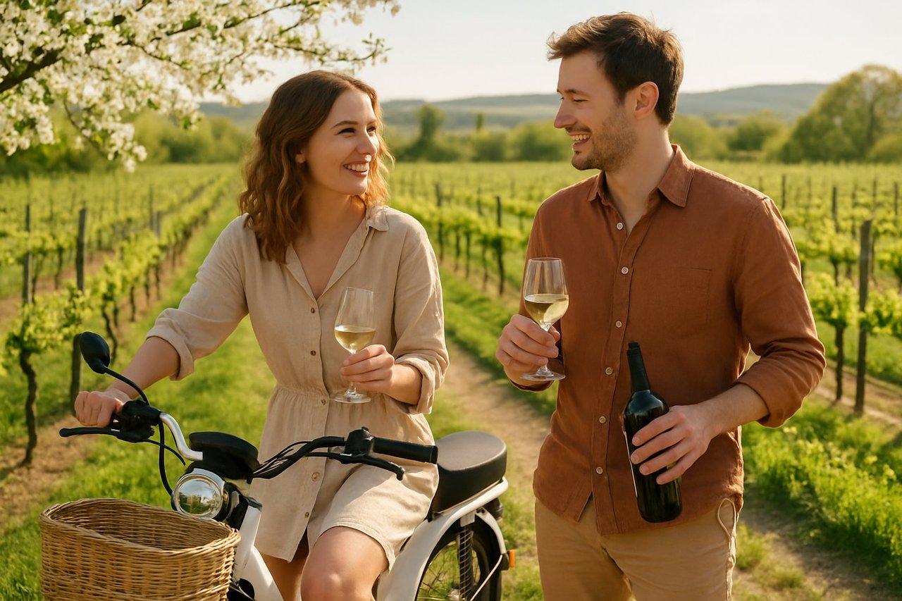 Balade printanière en Solex électrique dans un vignoble bio verdoyant, dégustation conviviale au domaine viticole lumineux.