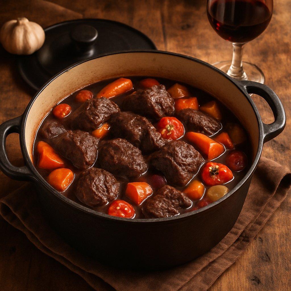 Civet de sanglier mijotant dans une cocotte en fonte avec légumes colorés et vin rouge riche.