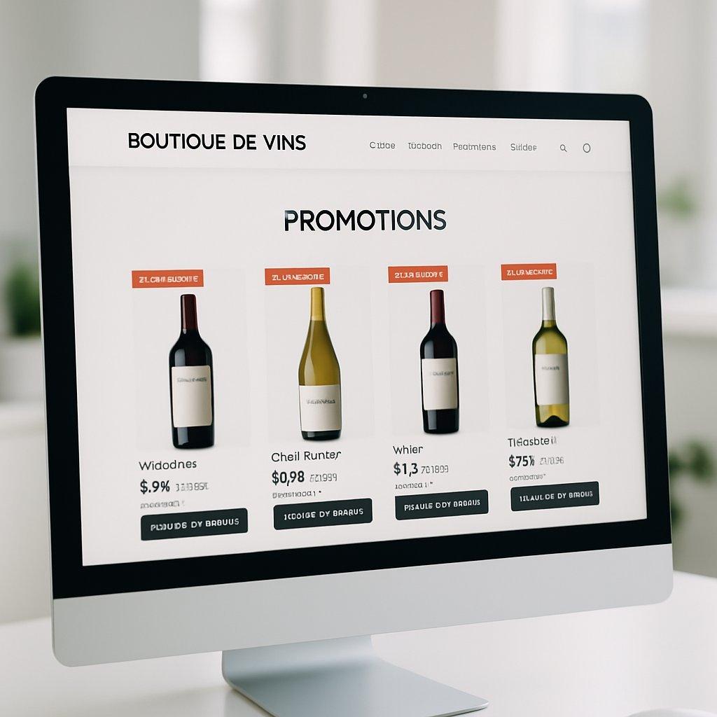 Écran d’ordinateur affichant une boutique en ligne de vins avec plusieurs bouteilles en promotion et interface claire, ambiance moderne et lumineuse.