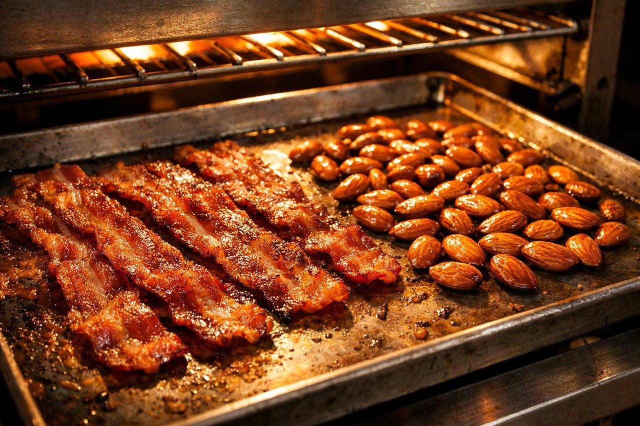 Tranches de lard croustillant et amandes dorées uniformément grillées sous un grill professionnel, lumière chaude.