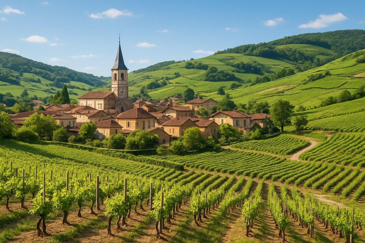 Village viticole printanier du Beaujolais avec collines verdoyantes et vignes en terrasses sous ciel clair lumineux.