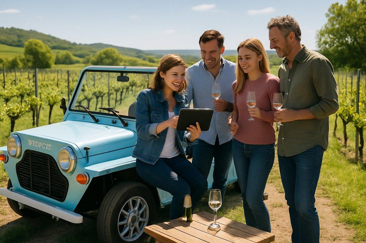 Visite en véhicule électrique Nosmoke dans un vignoble bio au printemps, dégustation conviviale sous ciel clair.