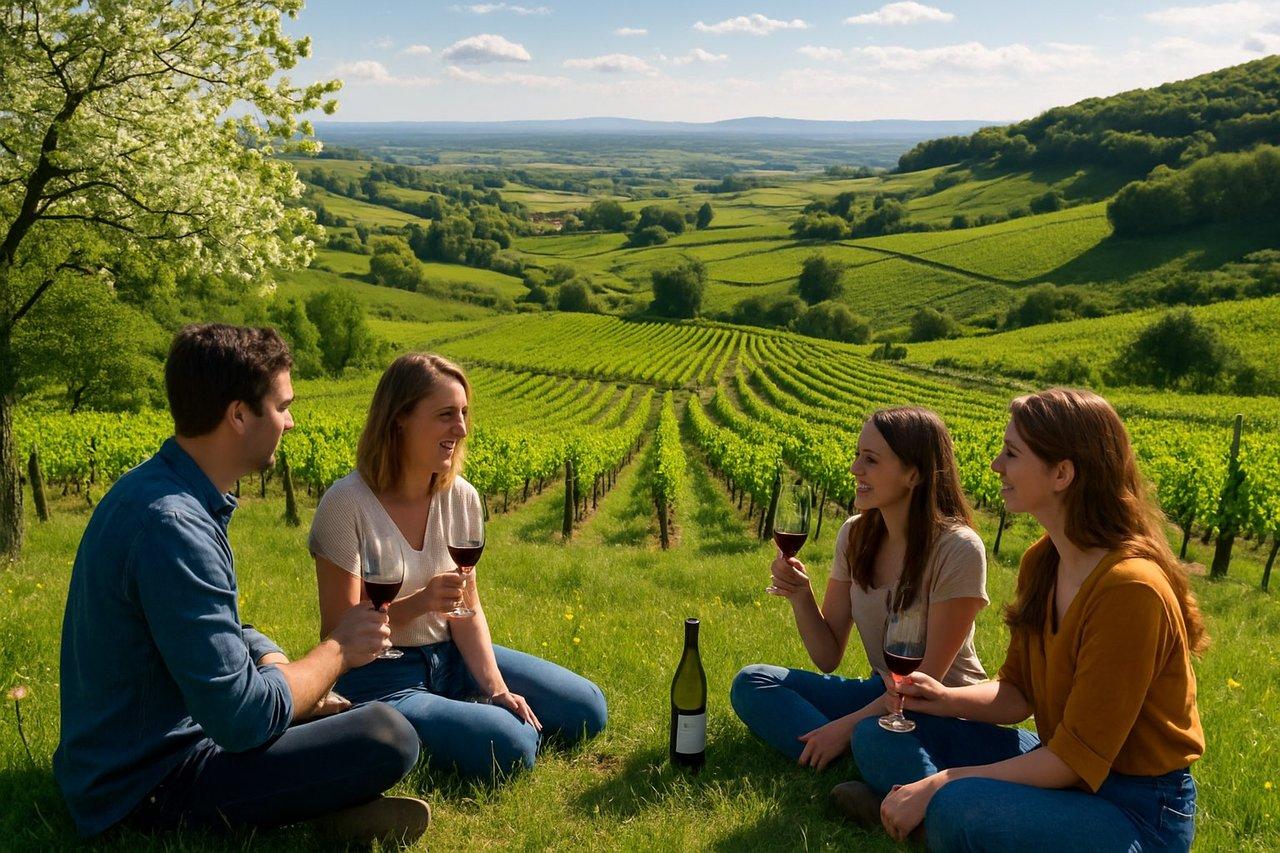 Vue panoramique lumineuse au printemps sur les vignobles verdoyants du Beaujolais, groupe dégustant vins dans un cadre naturel.