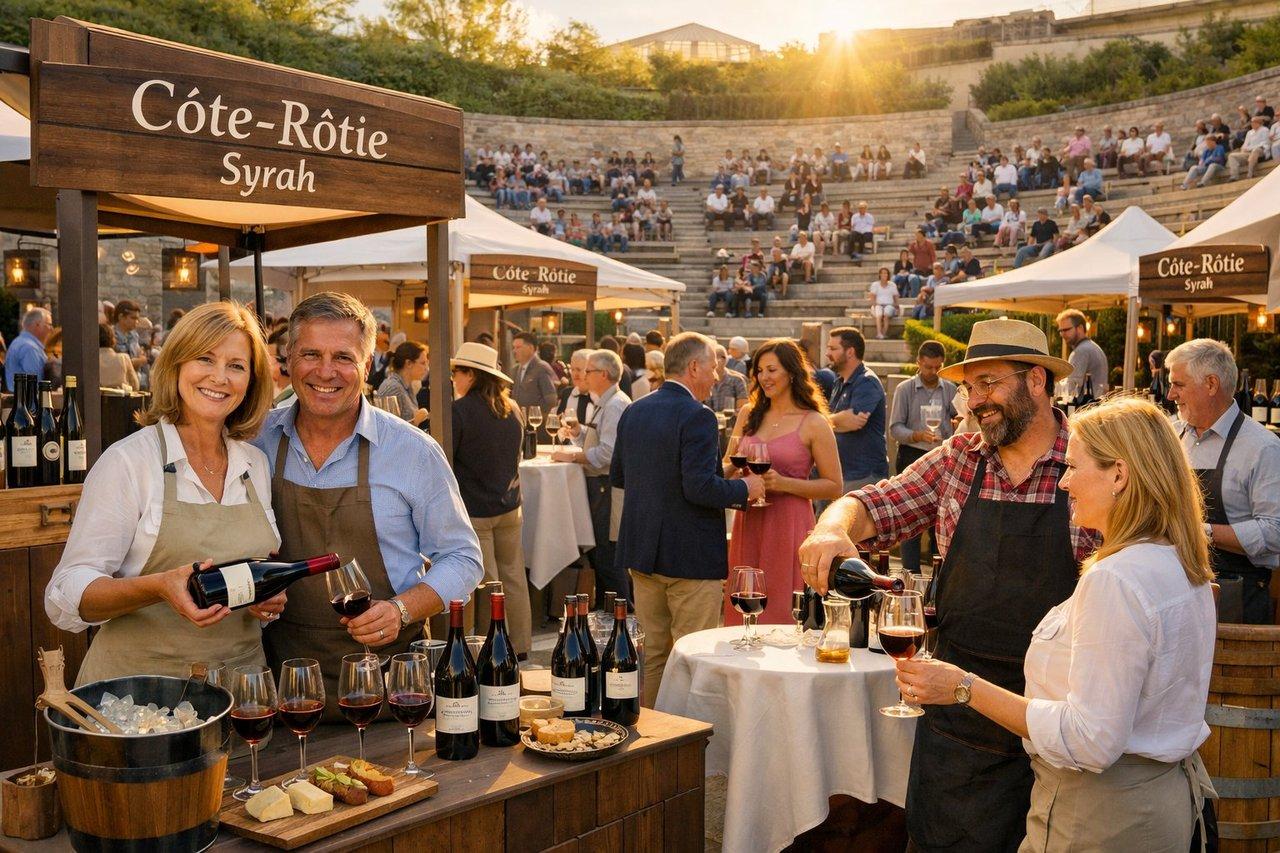 Amphithéâtre lumineux en plein air avec stands élégants, dégustation de Syrah Côte-Rôtie conviviale.