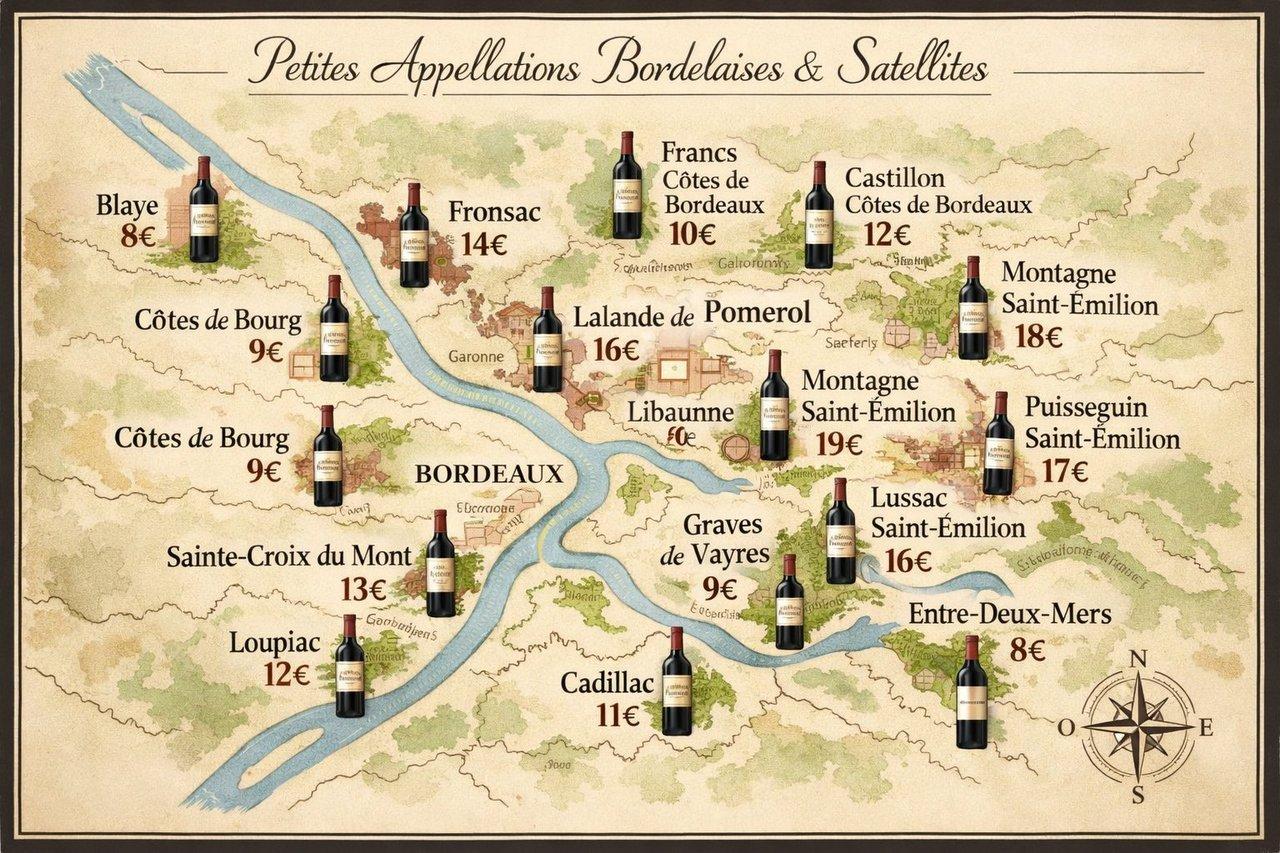 Carte détaillée des petites appellations bordelaises et satellites avec prix moyens inférieurs à 15 euros.