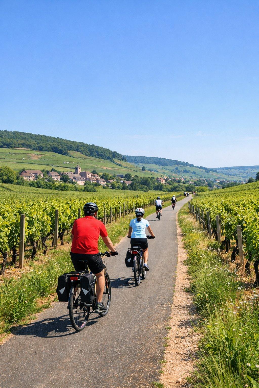 Cyclistes sur une piste cyclable bordée de vignobles verdoyants en Bourgogne au printemps, idéale pour une route des vins sans voiture.