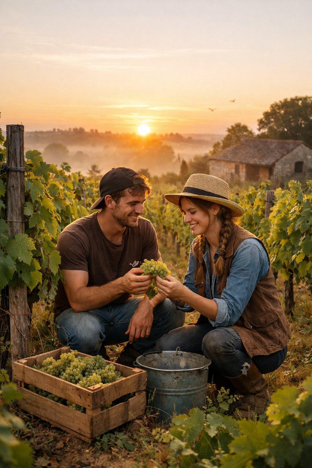 Jeunes vignerons bordelais dans une vigne bio familiale au lever du soleil, ambiance authentique et naturelle.