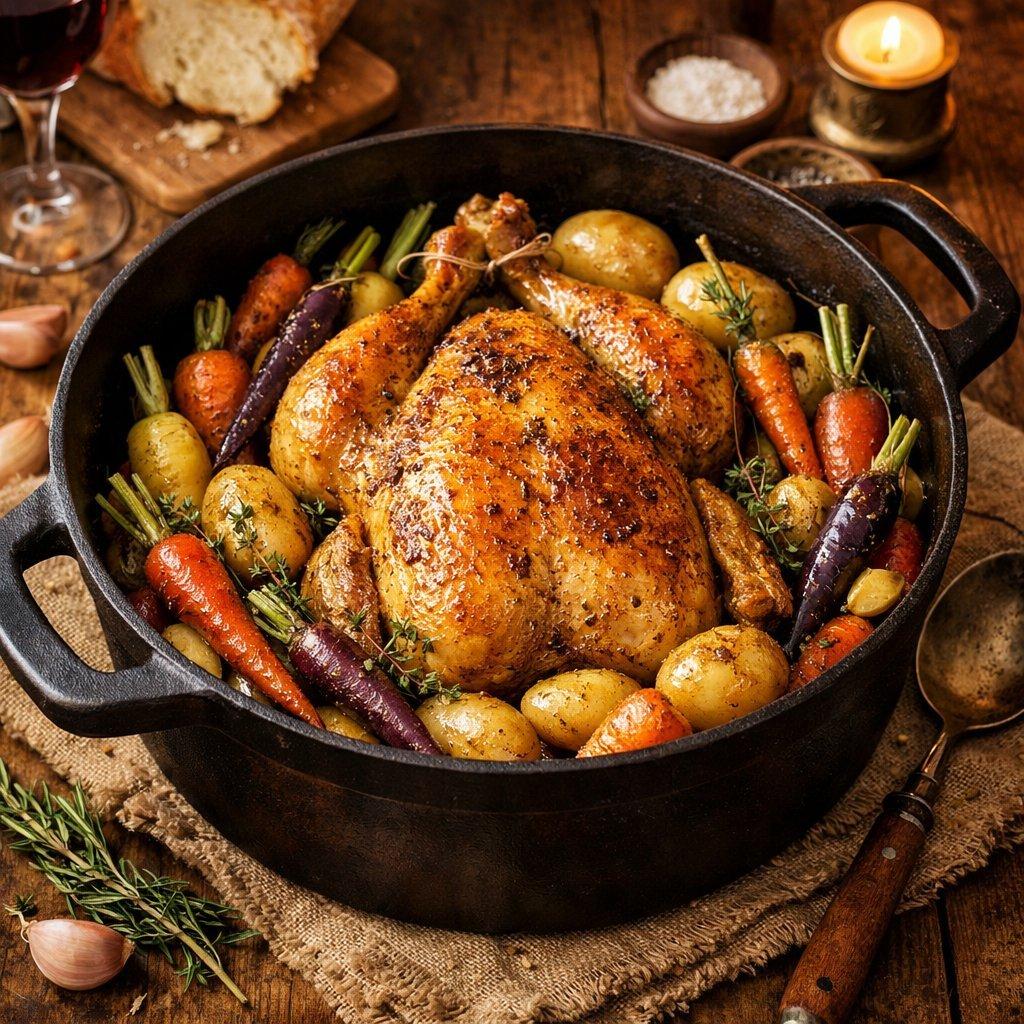 Poulet fermier doré en cocotte en fonte avec carottes nouvelles colorées et pommes de terre fondantes, ambiance chaleureuse et rustique.
