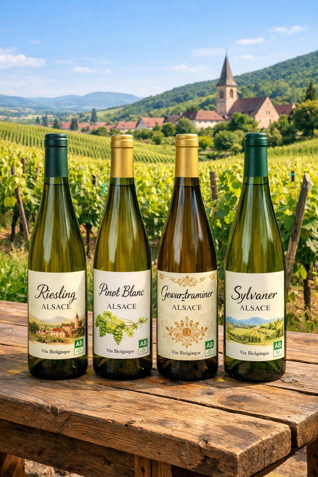 Quatre bouteilles de vins blancs alsaciens bio sur une table en bois rustique, vignoble alsacien verdoyant en arrière-plan.