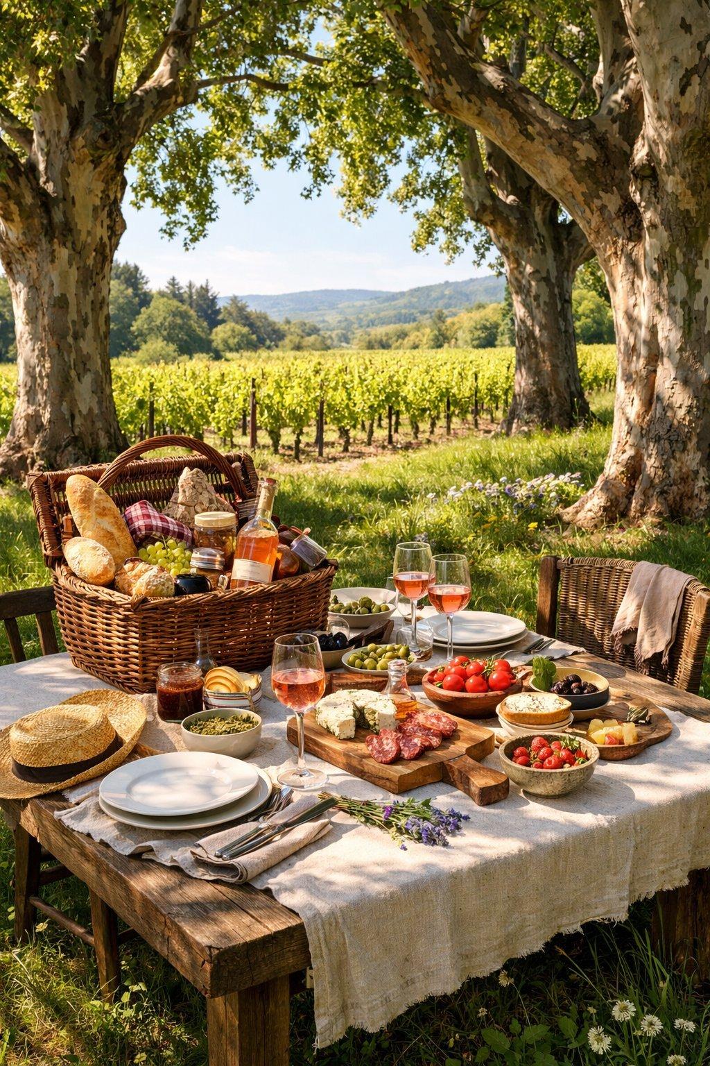Terrasse enherbée sous de grands platanes anciens, idéale pour un pique-nique dans un vignoble provençal au printemps.