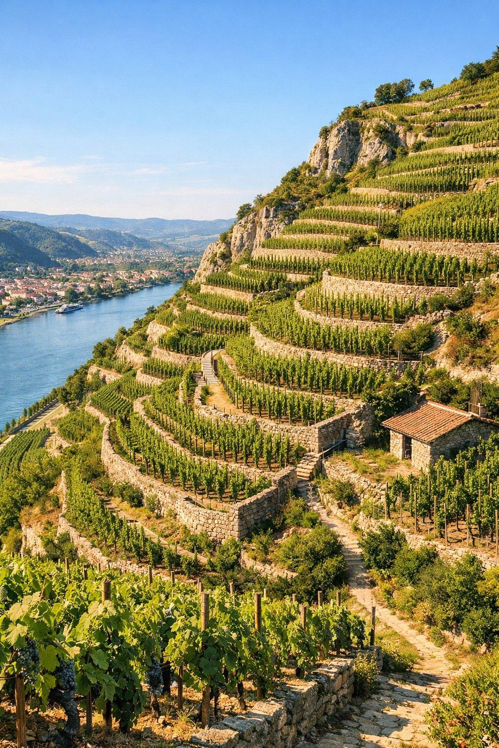 Terrasses de vignobles en Côte Blonde, coteaux calcaires ensoleillés au bord du Rhône, paysage viticole lumineux.