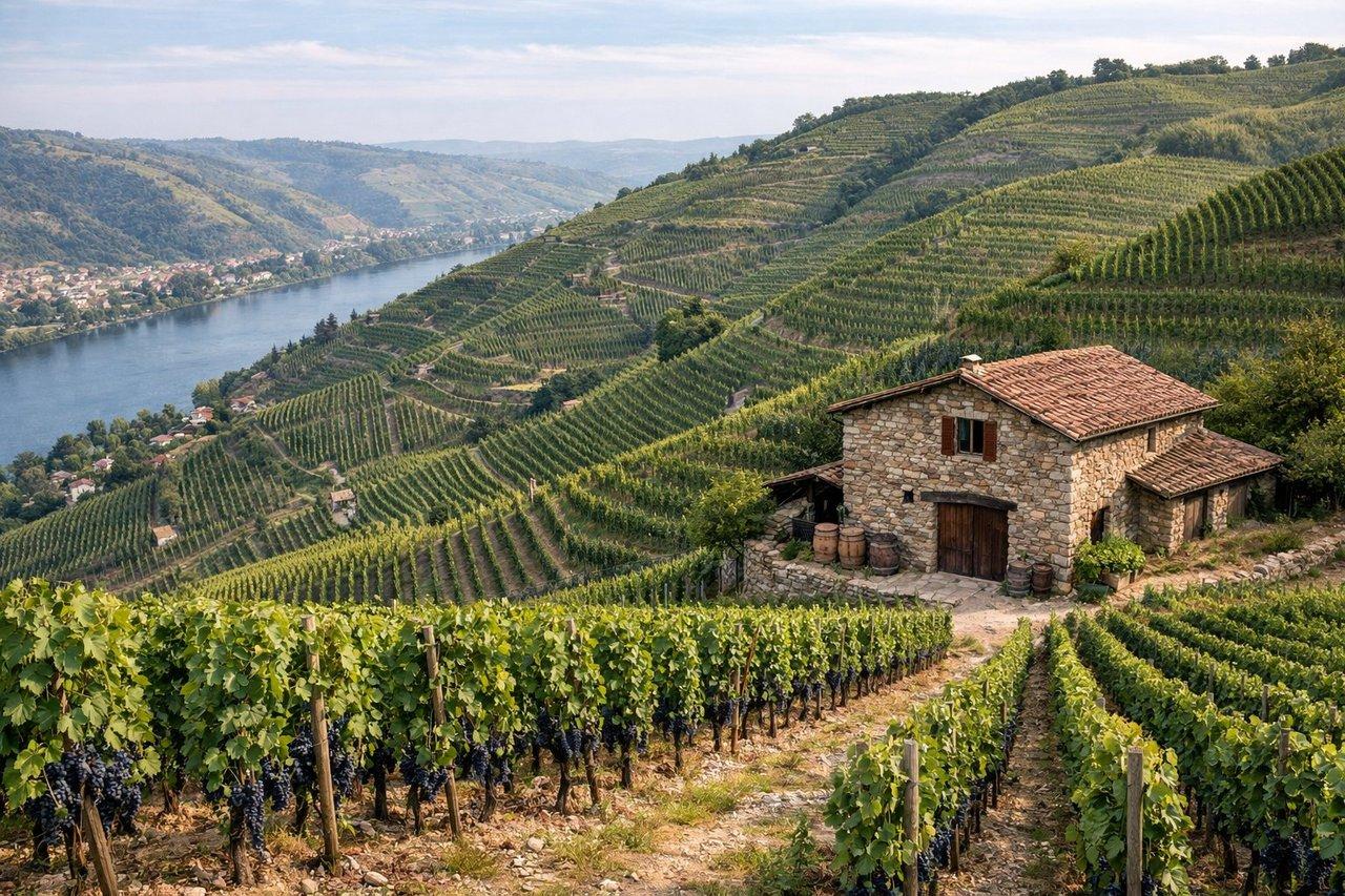 Vue panoramique des coteaux escarpés de Côte-Rôtie avec rangées de Syrah mûres et un chai traditionnel en pierre