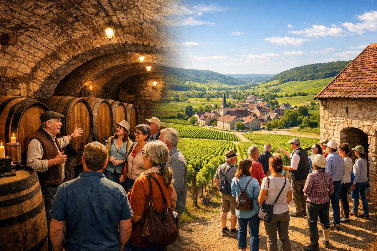 Vue panoramique lumineuse des vignobles bourguignons au printemps lors d’un week-end œnologique authentique.