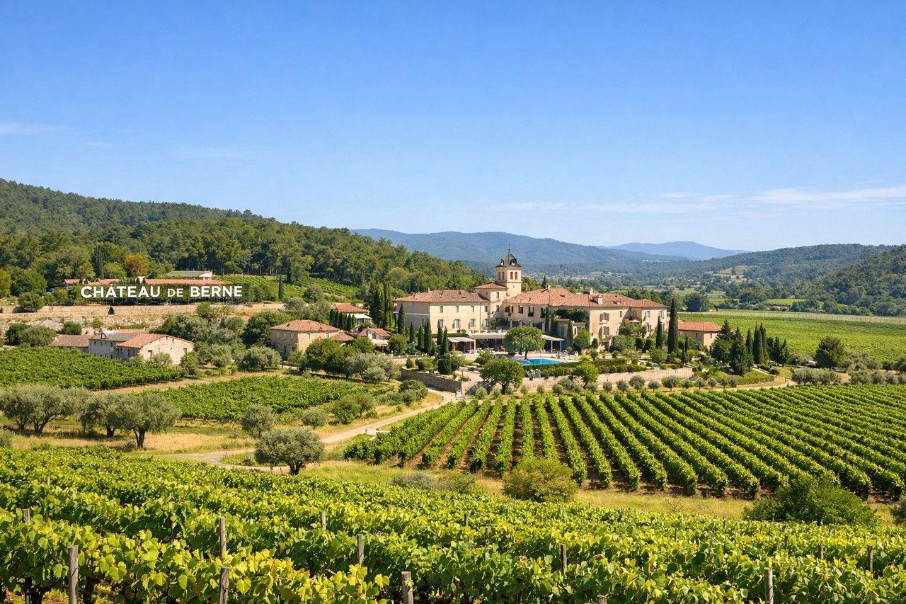 Vue panoramique lumineuse et détaillée du vignoble verdoyant et du domaine élégant Château de Berne en Provence sous un ciel bleu clair.