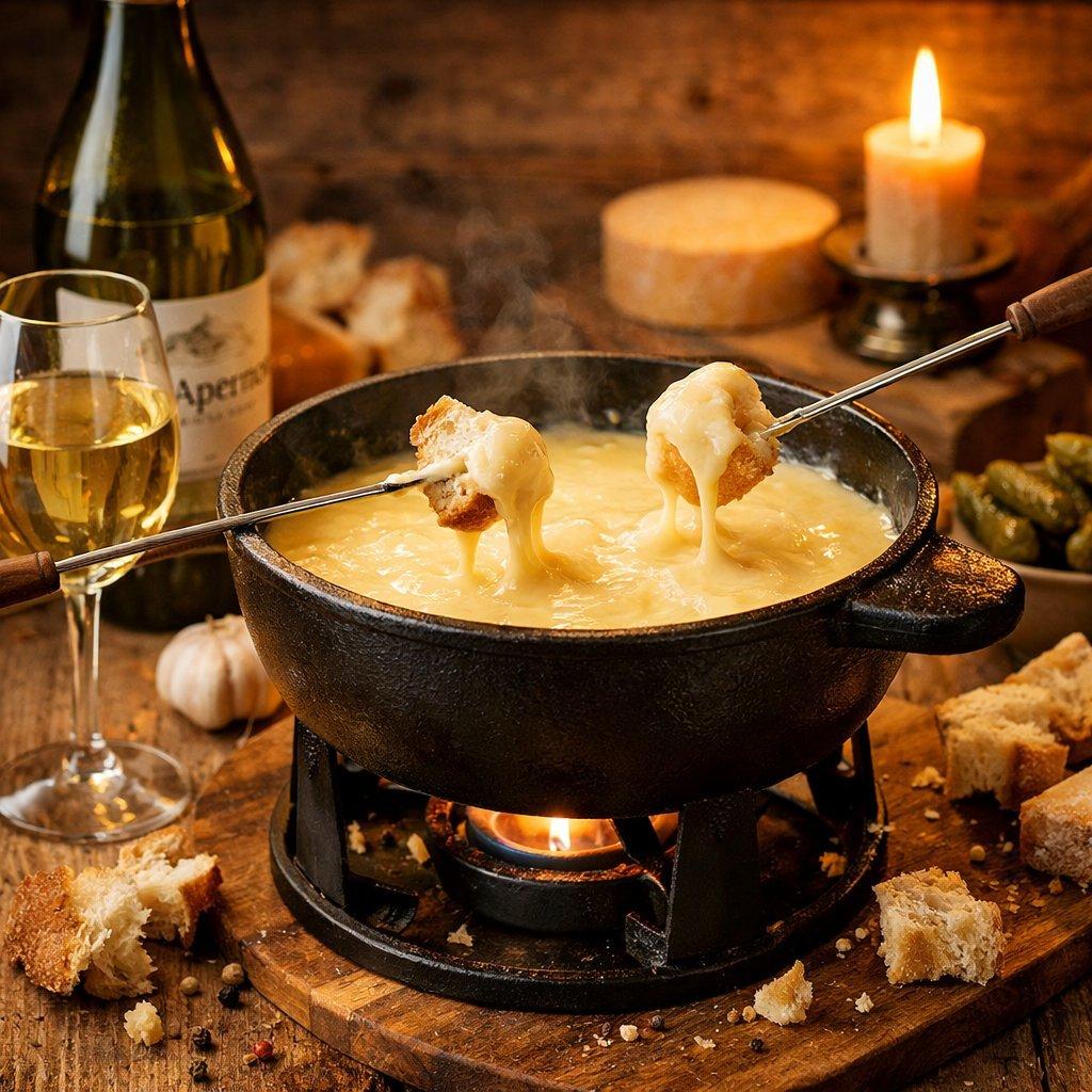 Caquelon traditionnel en fonte avec fondue au fromage affinée fondante et verre de vin blanc sec Apremont.