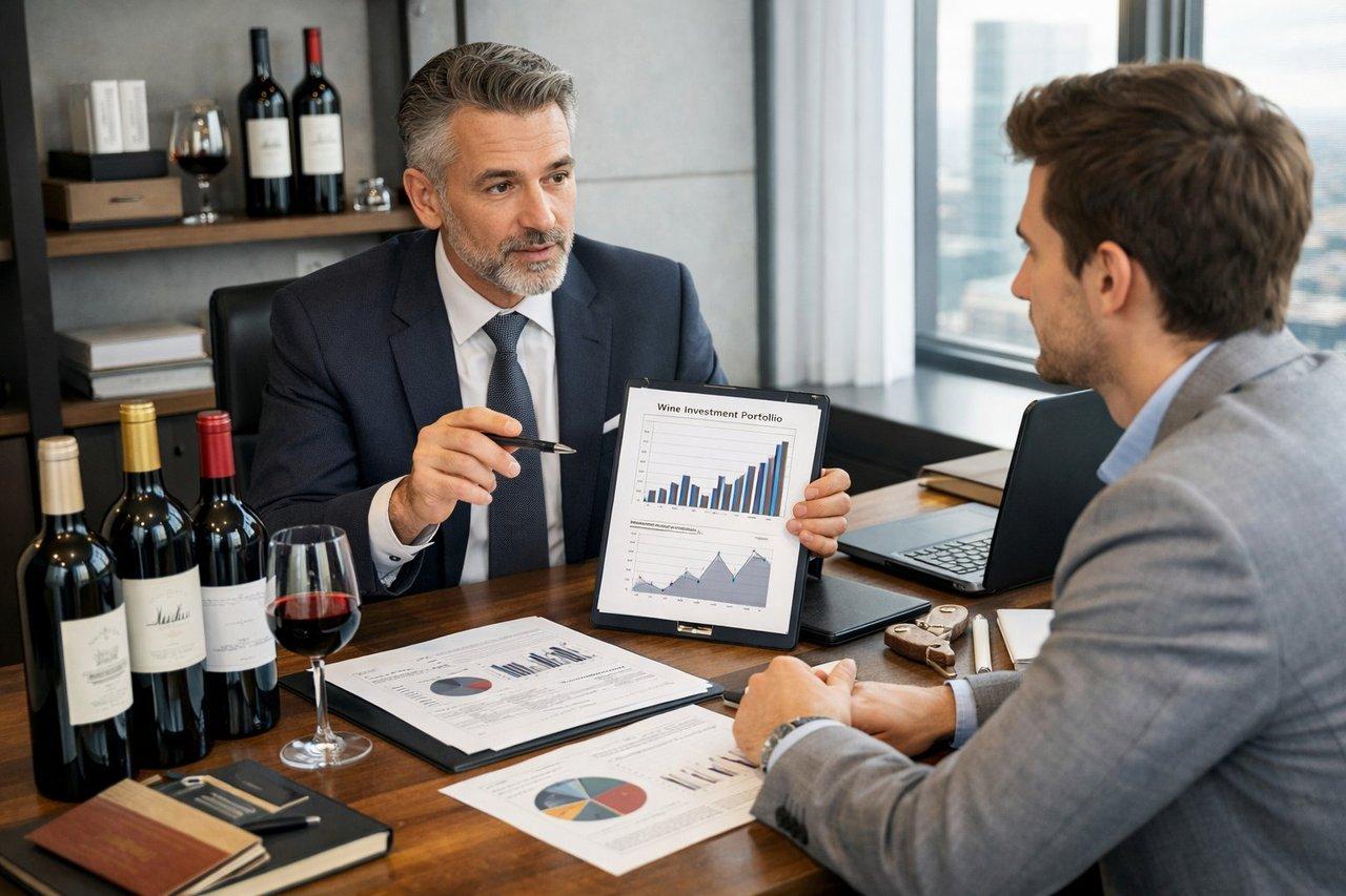 Conseiller en gestion de patrimoine expliquant stratégies d’investissement vinicole à un jeune investisseur dans un bureau moderne lumineux.