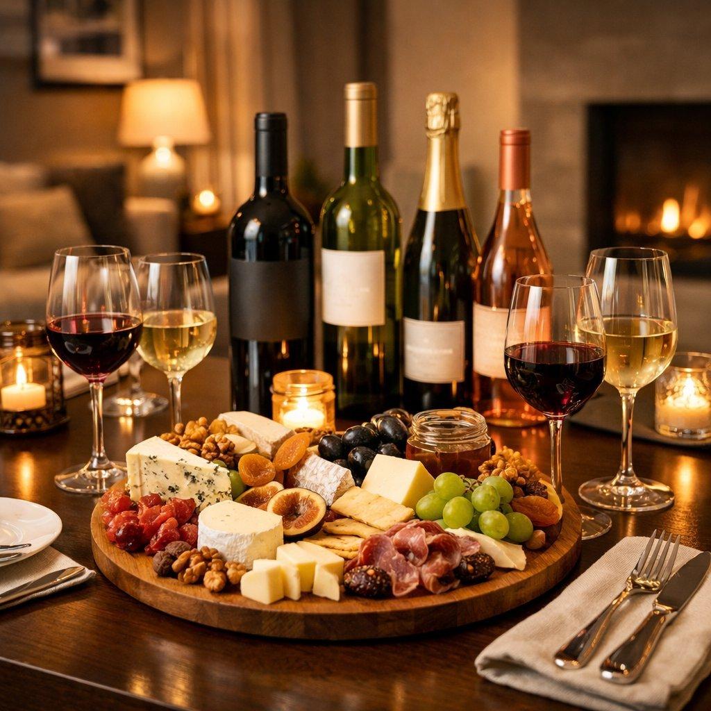 Table élégamment dressée dans un salon moderne pour une dégustation conviviale avec vins, fromages et verres fins.