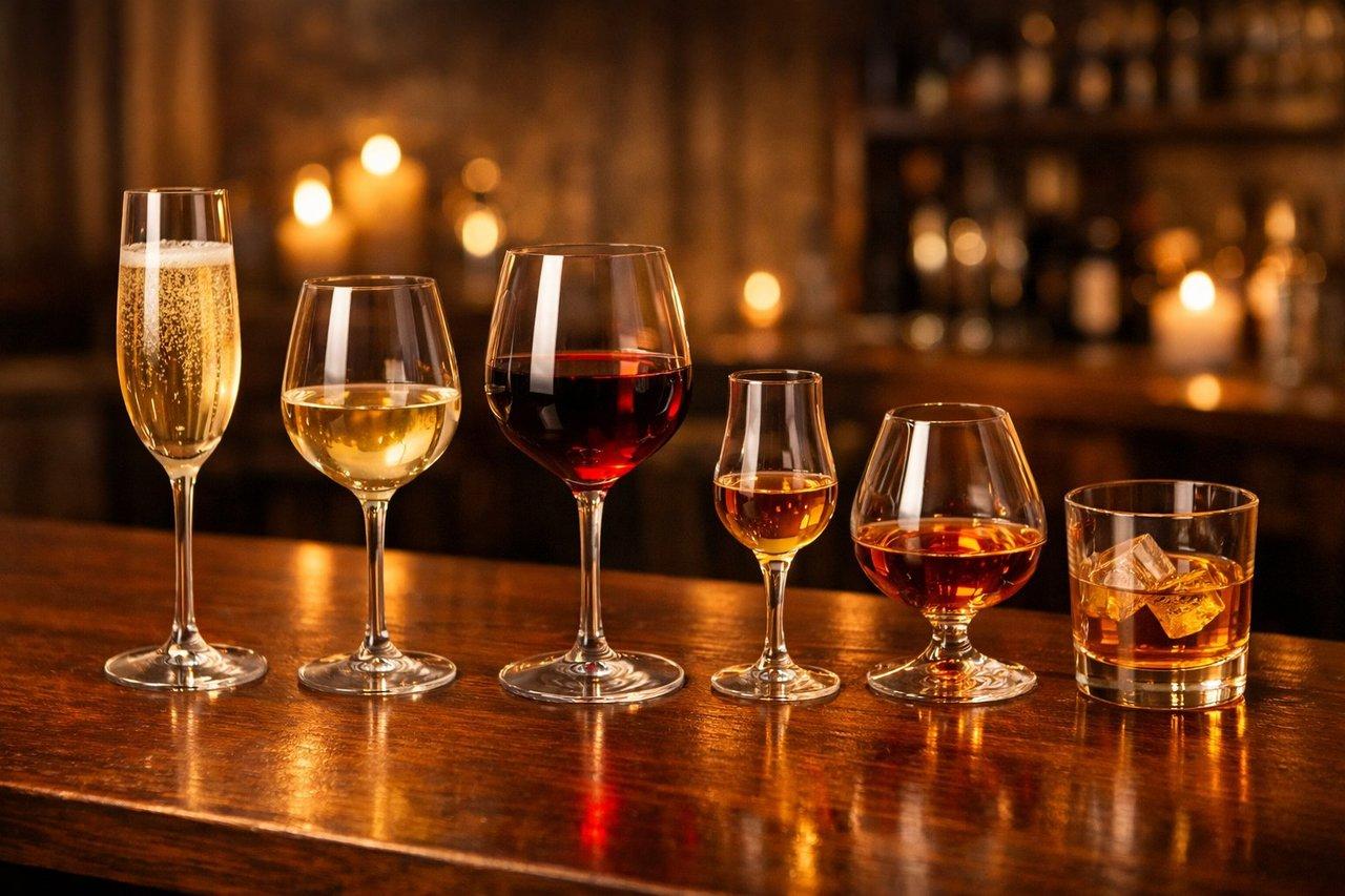 Verres de dégustation élégants et variés alignés sur une table en bois dans une ambiance conviviale et raffinée.