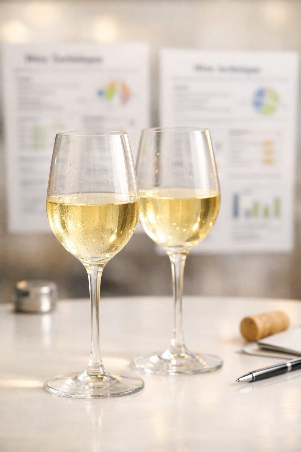 Verres élégants de vin blanc sec avec fiches techniques en arrière-plan, ambiance douce et professionnelle.