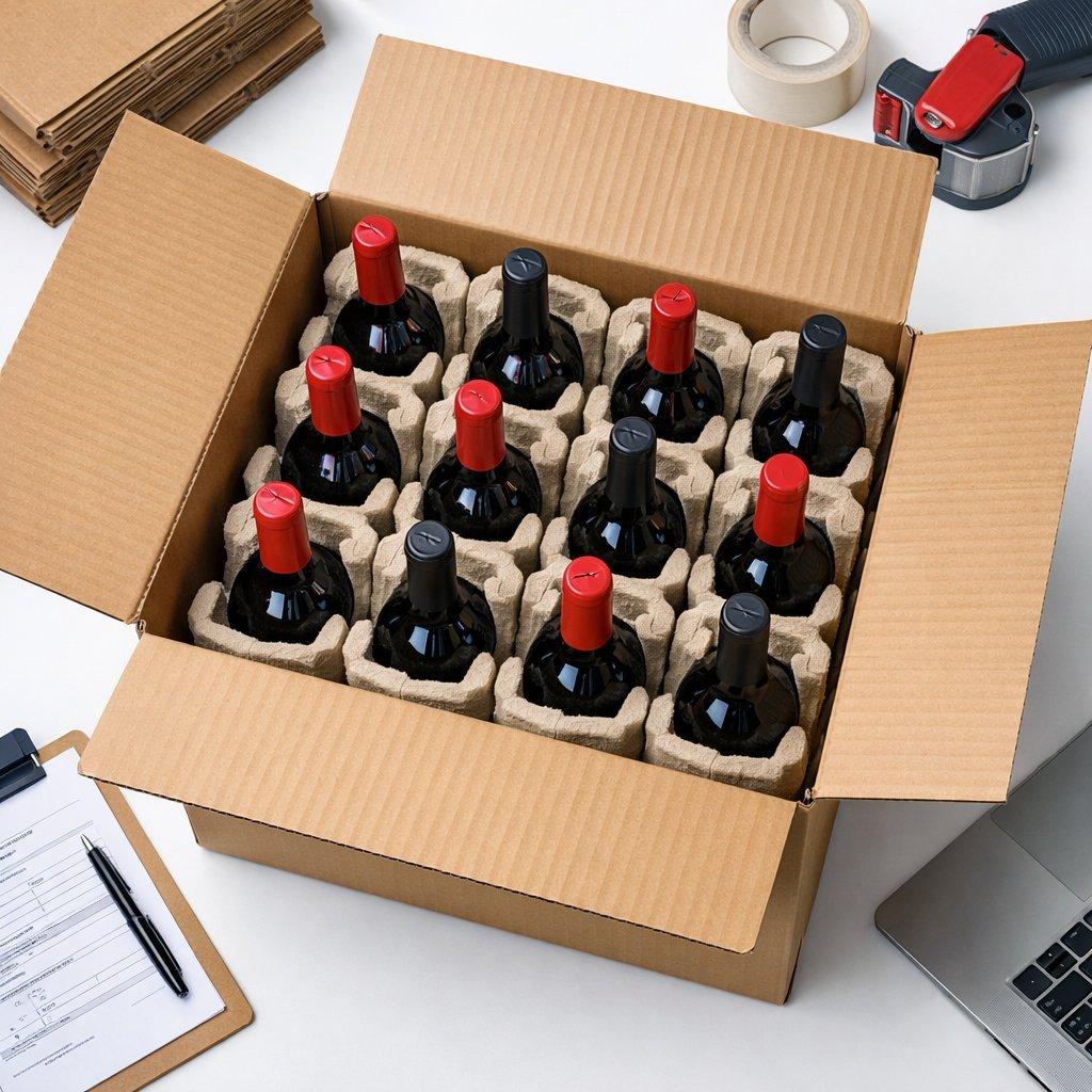 Vue aérienne d’un carton d’expédition de 12 bouteilles de vin bien calées, prêt à être livré.