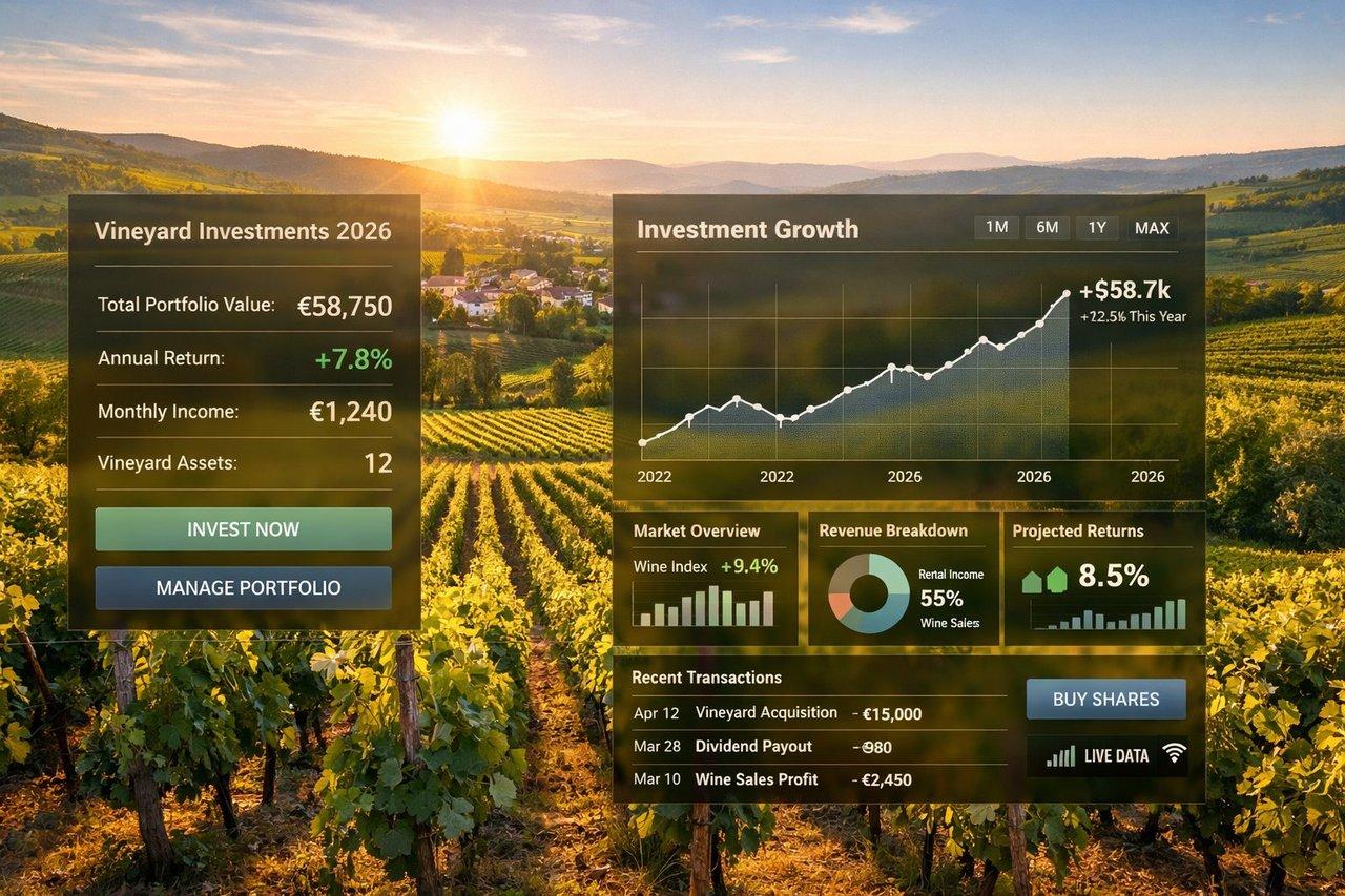 Vue panoramique d’un vignoble ensoleillé en 2026 avec interface numérique d’investissement en ligne et graphiques financiers clairs.